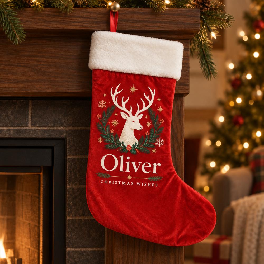 Personalized Reindeer Christmas Stocking with Custom Name, Soft Velvet Christmas Hanging Sock, Custom Family Keepsake Xmas Gift