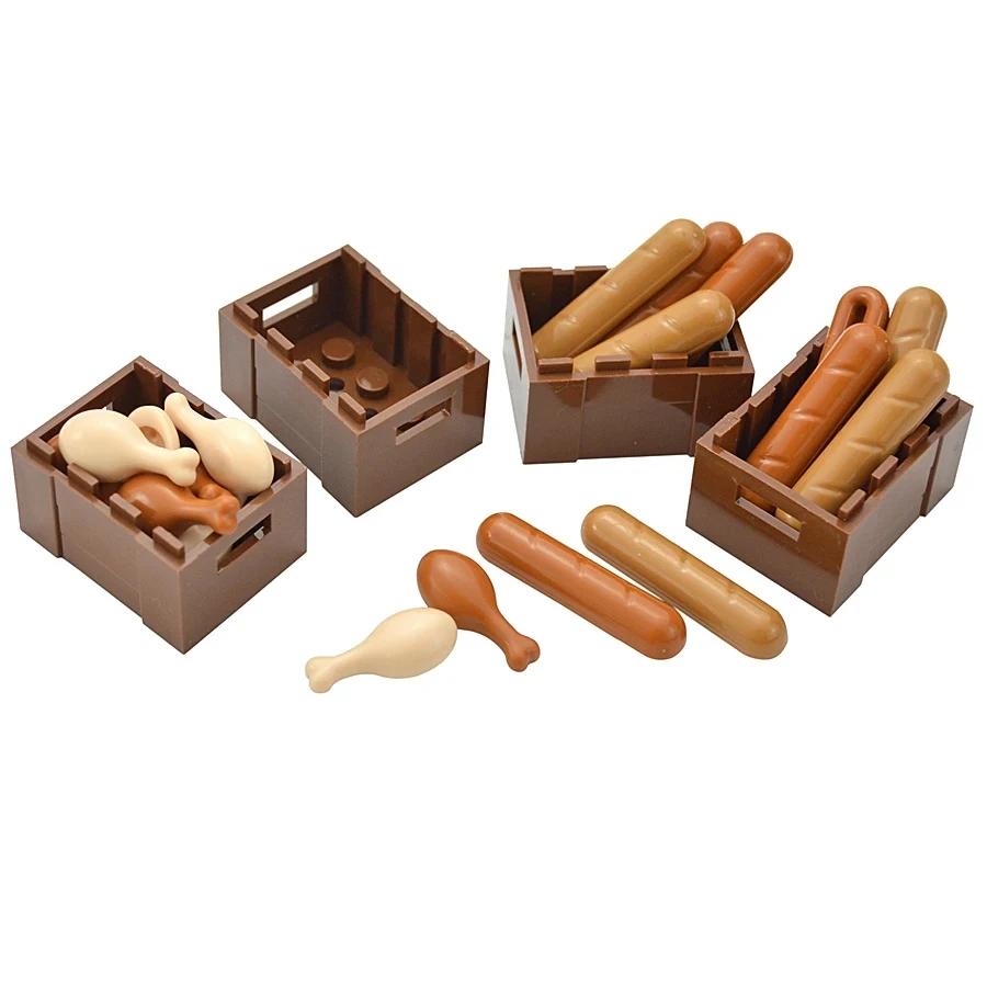 DlY Мини-фигурки для еды, фигурки из строительных блоков, хлеб, рыба, фрукты, курица, краб, хот-дог, торт, пицца, морковка, коробка, креативные игрушки, детали города, кирпич