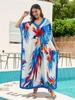 Chic Boho Printed Blue Long Dress V Neck Bat Sleeve Plus Size Kaftan 2024 Women Summer Vacation Beachwear Swimsuit Coverup Q1594