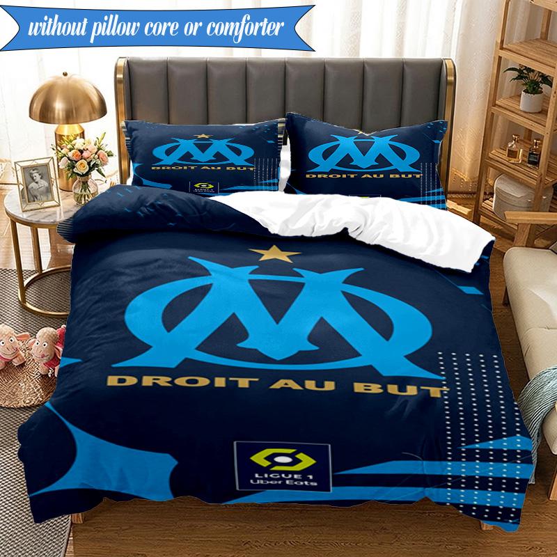 3PCS Olympique Football Crest Printed Soft Bedding Set,Including 1pc Duvet Cover And 2pcs Pillowcases Perfect for Bedroom, Dormitory, Fan gift