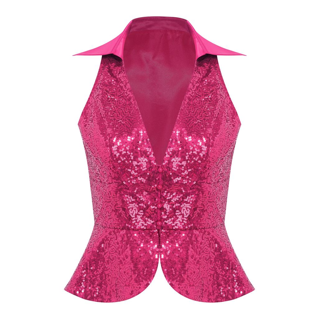 Женский стильный однотонный жилет с лацканами, без рукавов, с блестящими пайетками, вечерний топ для вечеринки, наряд для ночного клуба