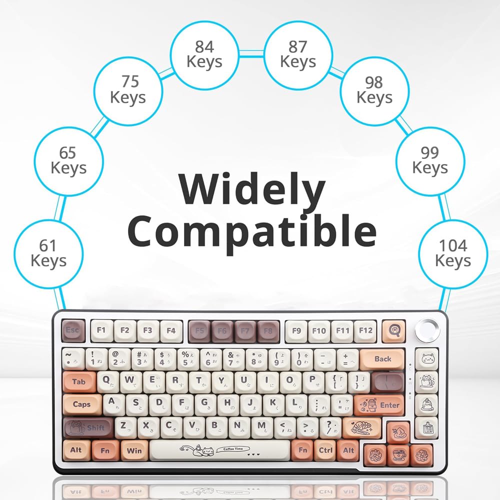 134Keys PBT Keycaps Coffee Cat Theme MOA Profile Keycaps 5 Sides Dye Sublimation Keycaps for Mechanical Keyboard 60% 65% 75% 100%