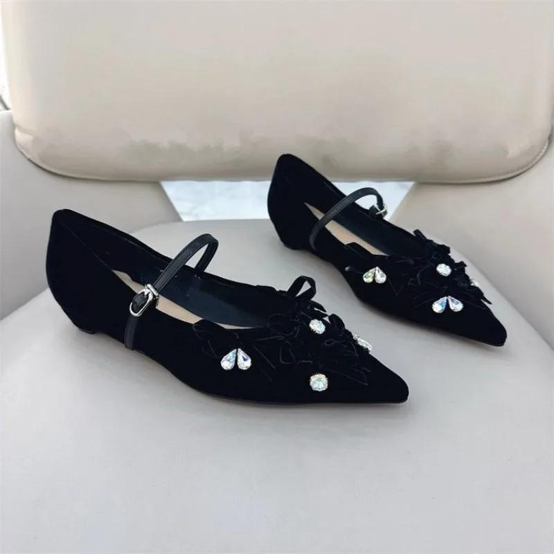 Fashion Spring and Autumn New Rhinestone Temperament Pointed Toe Low-heeled Mary Jane Shoes French Women's Singles Shoes