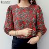 Women Casual Round Neck 3/4 Sleeve Loose Floral Blouse