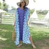 Накидки на бикини большого размера, быстросохнущая ткань, синее богемное принтом с круглым вырезом, коротким рукавом и боковым разрезом, летнее пляжное платье для женщин, одежда