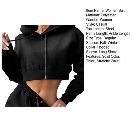 2 Pcs/Set Women Fall Hoodie Pants Set Long Sleeve Thick Hooded Short Top Drawstring Elastic Waist