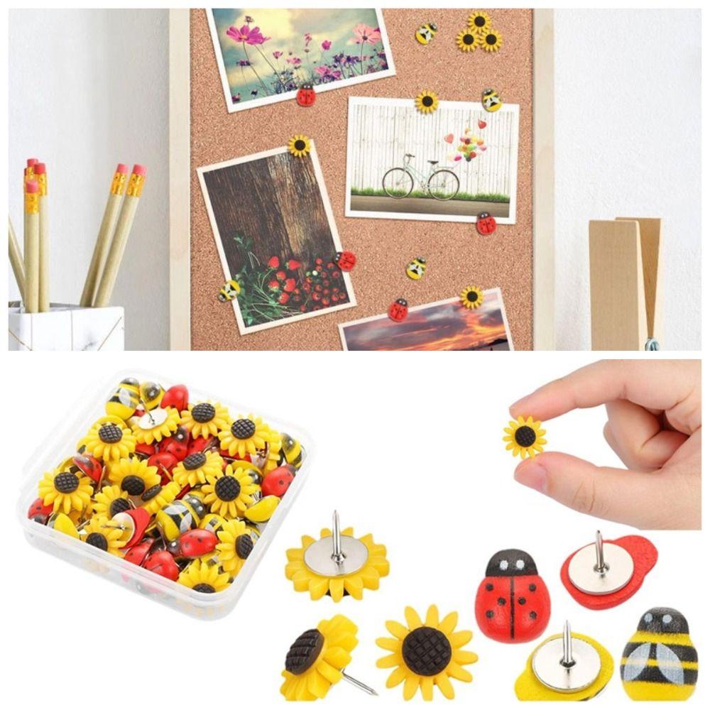 30Pcs Creative Sunflower Pushpins DIY Ladybird Thumb Tacks Decorative Studs Stationery