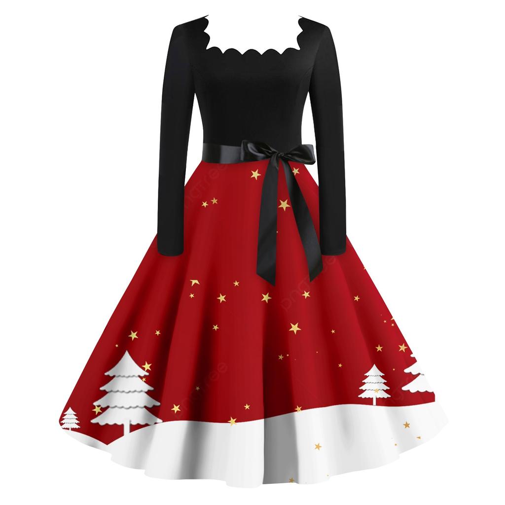 Women's Fashion Vintage Long Sleeve Square Neck Christmas Printed Evening Party Dresses Dresses