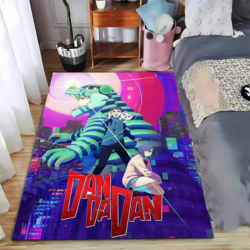 Dan Da Dan Anime Poster Giant Dinosaur Boy Girl Cat Neon Purple City area rug floor decor great for gaming room dorm studio and cozy home spaces