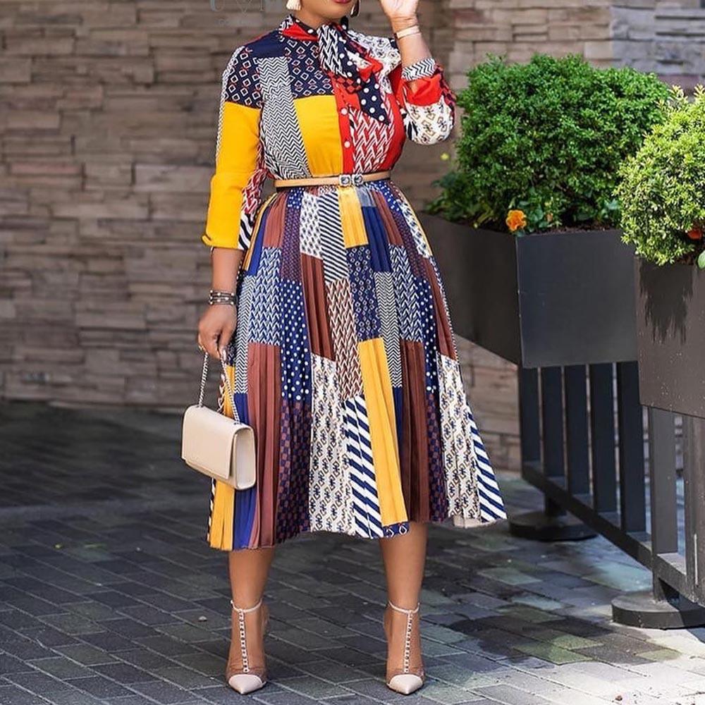 2026 New Dress African Printed Bow Collar Seven-Sleeve Medium Dress Women's SC8165
