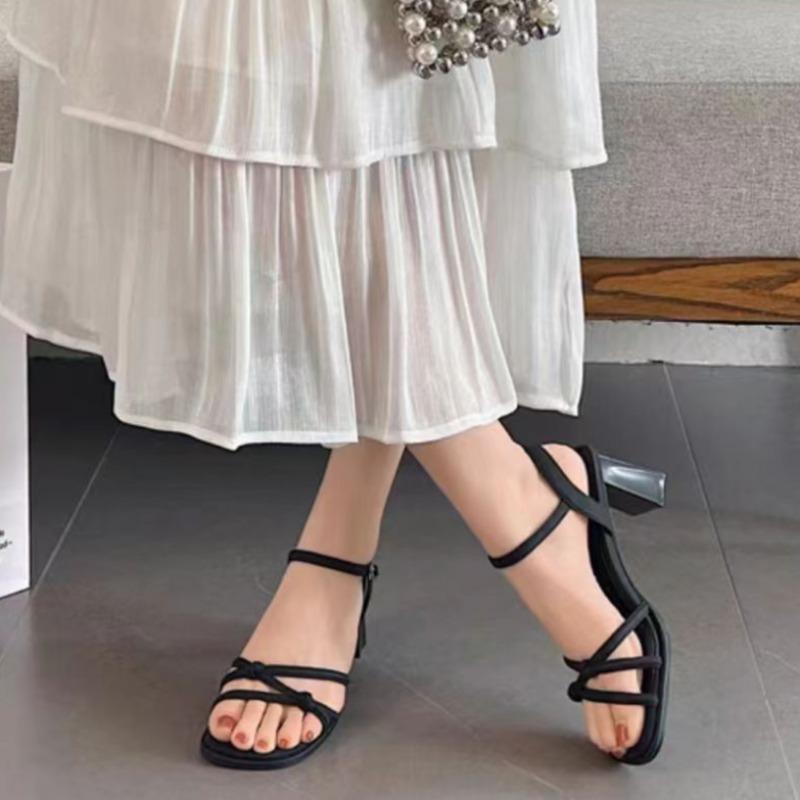 Женские босоножки 2024 года, летние, новые, на высоком каблуке, модные, в римском стиле, однотонные, с открытым носком, женские, с пряжкой, модные босоножки