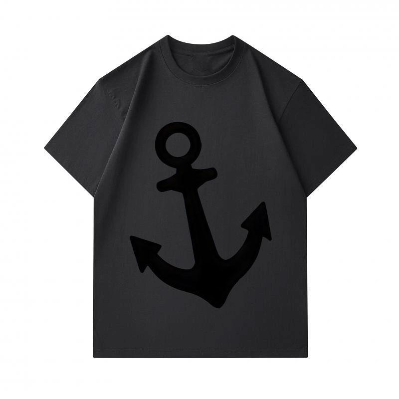 Men's 100% Cotton Crew Neck Short Sleeve T-Shirt, Casual Black Minimalist Anchor Print Comfortable Breathable Loose Fit Summer Daily Top for Naval Nau