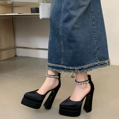 Летние новые черные босоножки на высоком каблуке для женщин, толстый каблук, острый носок, толстая подошва, женские сандалии