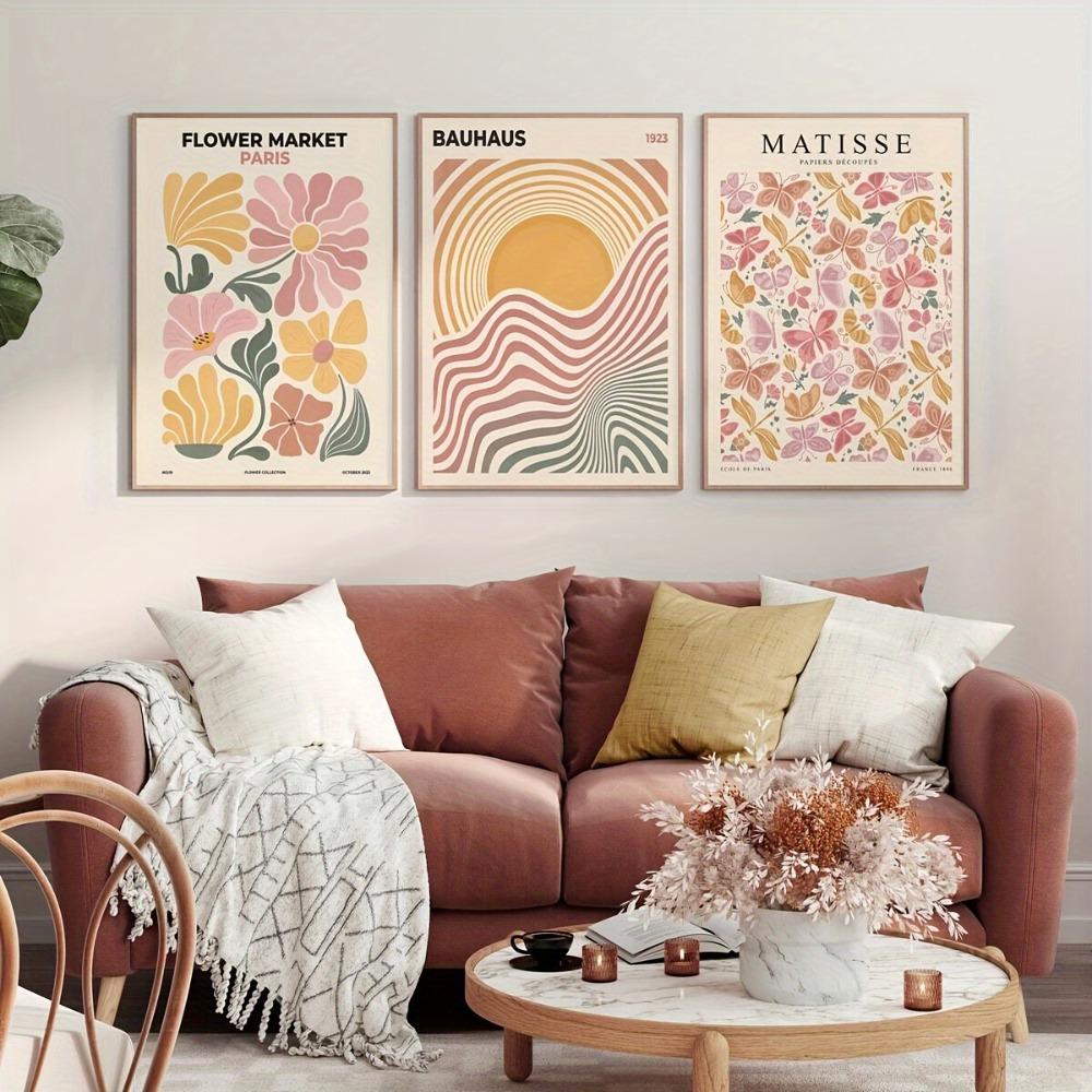 3pcs Frameless Bohemian Canvas Wall Art,Abstract Flowers and Bauhaus Aesthetics,Retro Style Posters,Bedroom,Living Room Decor