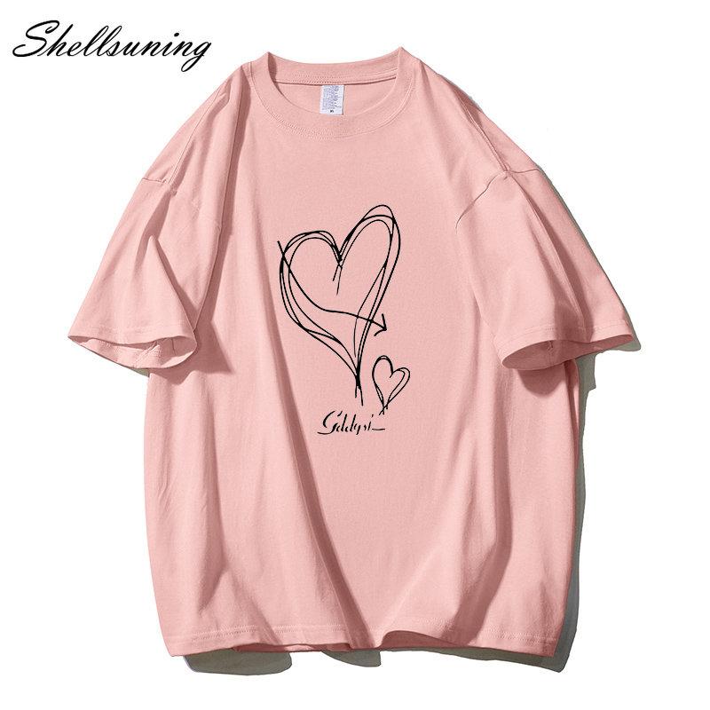 Shellsuning Kawaii футболки с принтом в виде сердца женские летние простые свободные футболки с круглым вырезом повседневные хлопковые женские топы на мягкой основе