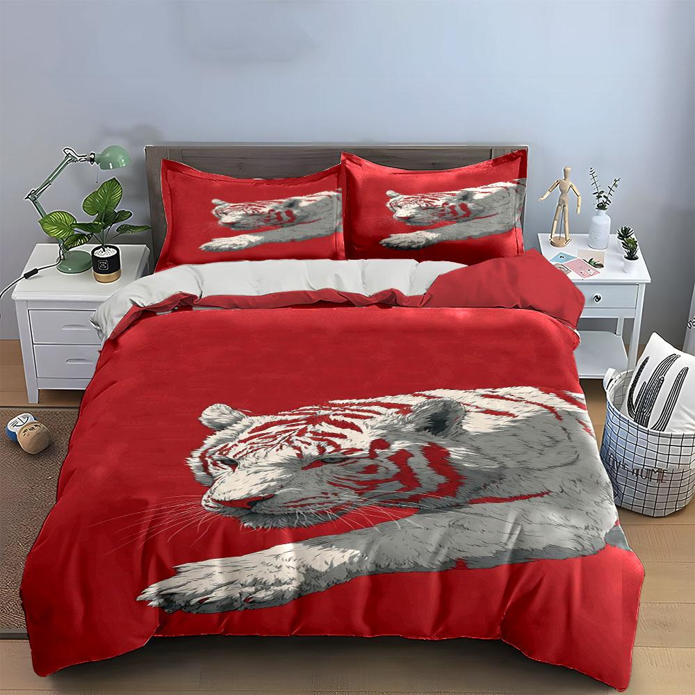 White tiger on red. Bedding sets Duvet cover sets Duvet covers Pillowcases(1*Duvet Cover 2*Pillowcases without duvet insert)