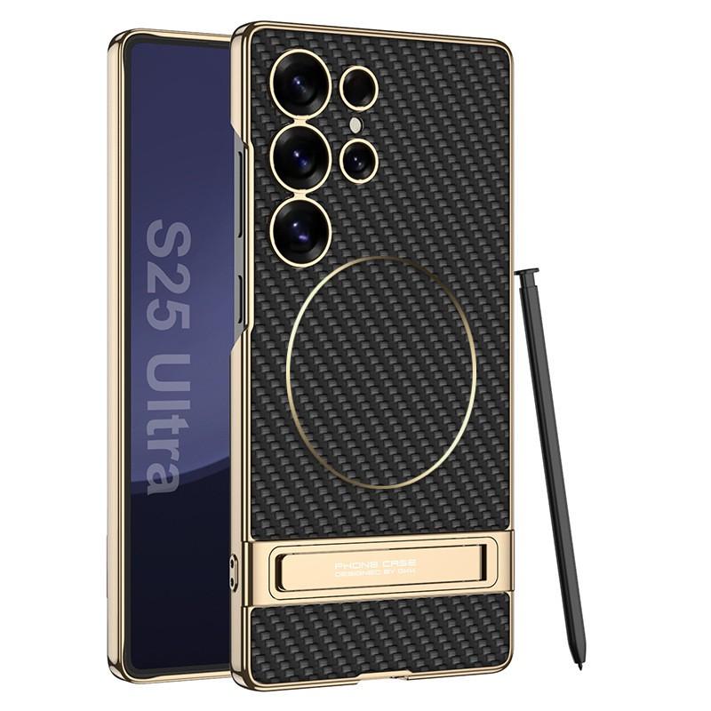 Galaxy S25 Ultra Case With Magnetic Ring Kickstand Electroplated PC Back Cover Shockproof Vegan Leather Finish
