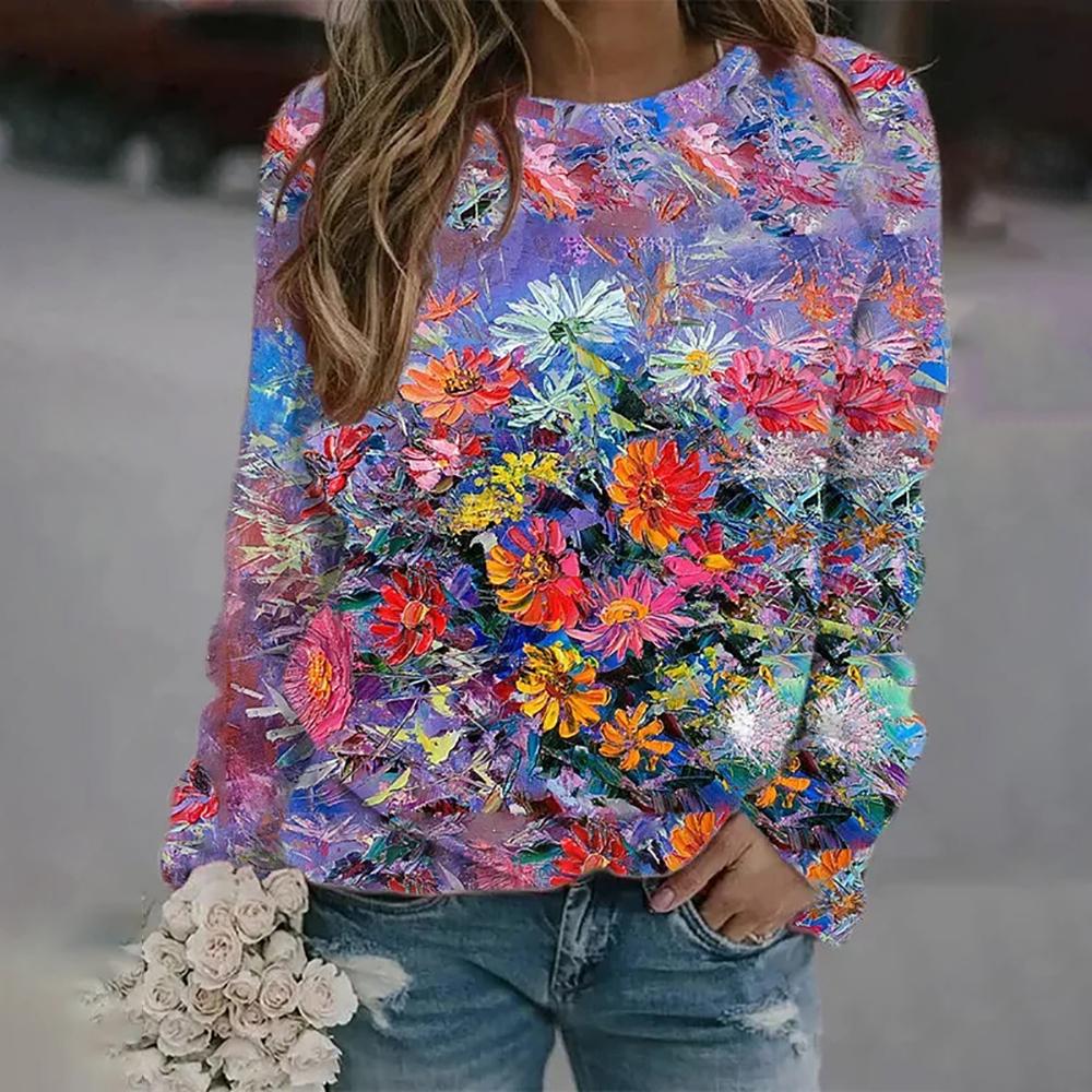 Летние новые женские футболки, модные масляные картины, цветочный принт, длинные рукава, футболка, повседневная женская одежда с круглым вырезом, уличный стиль, топы