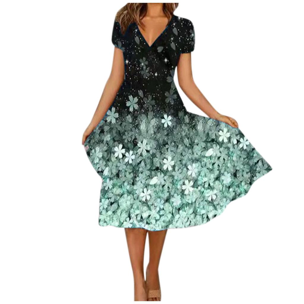 Women's Summer Casual Fashion Floral Print Short Sleeve V-Neck Swing Dress