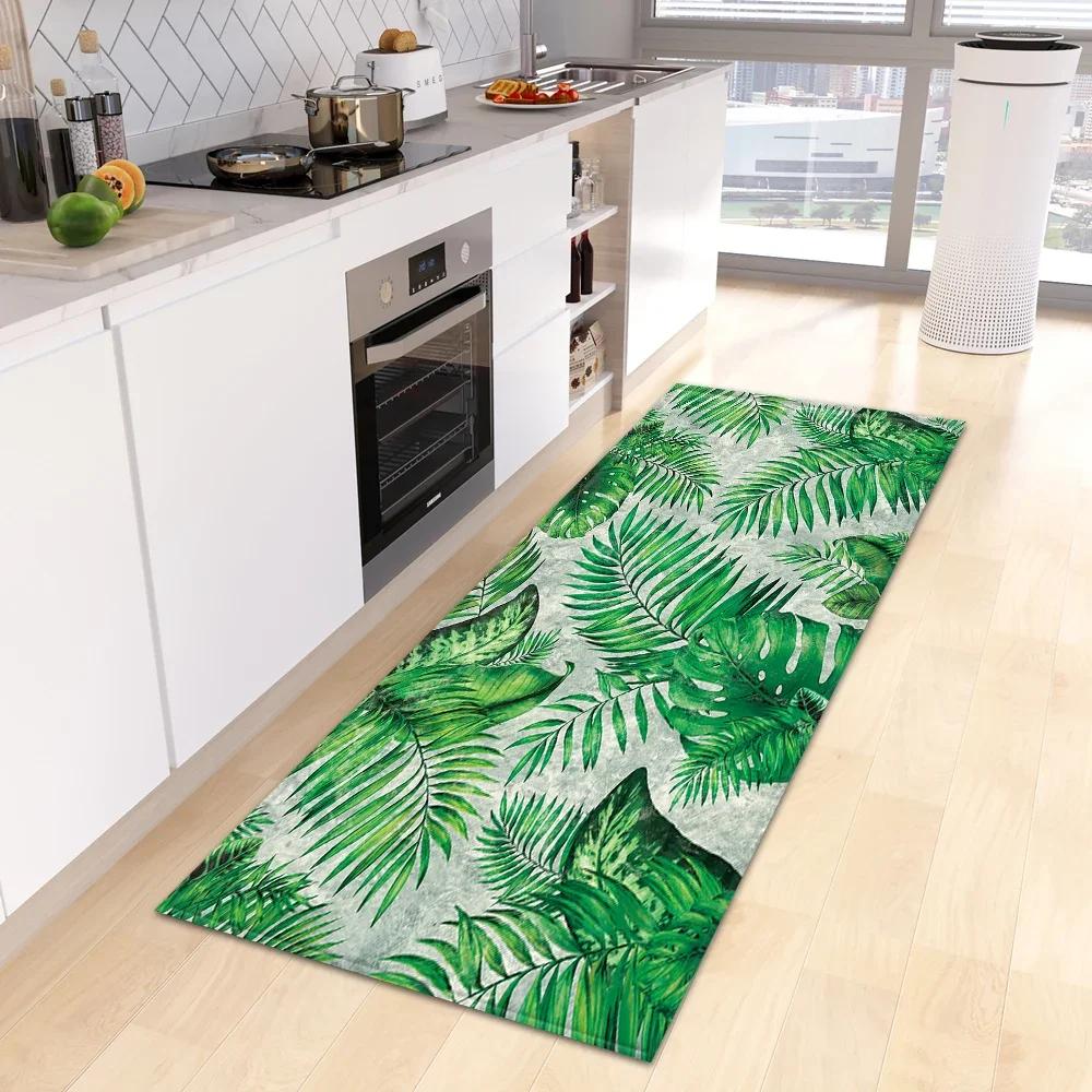 Green Tropical Leaves Kitchen Rug Non-Slip Washable Entrance Doormat Living Room Hallway Bedside Floor Carpet
