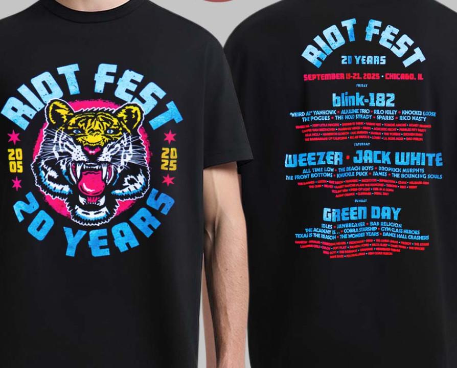 Riot Fest 2025 20-летний юбилей Тигриный lineup Двусторонняя футболка VK00487 Унисекс футболка