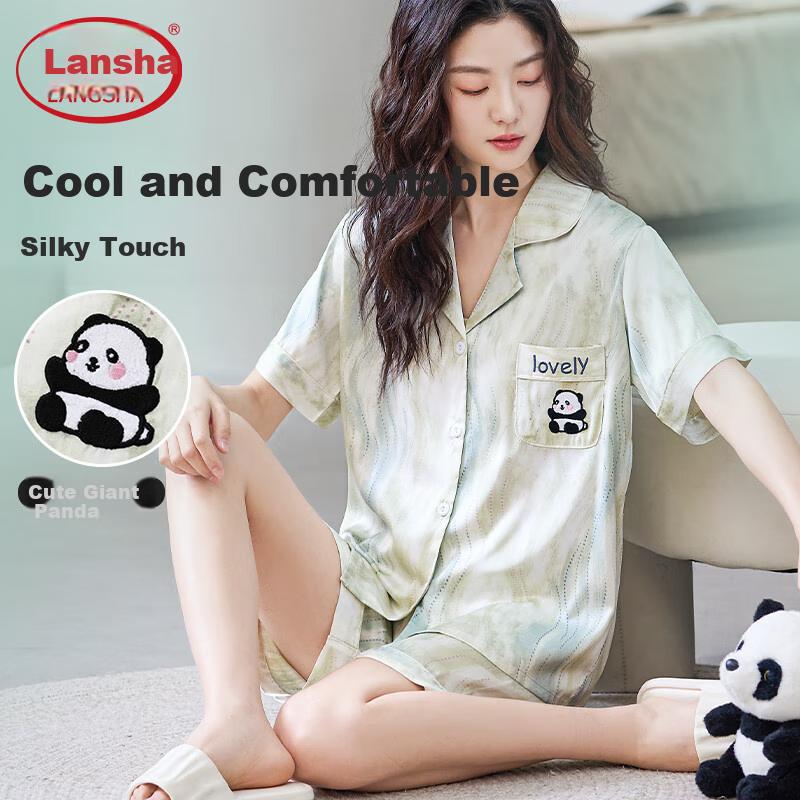 LangSha Spring And Summer New Women's Pajamas, Lightweight Comfortable Ice Silk Cool Breathable Short-Sleeve Shorts Loungewear Set