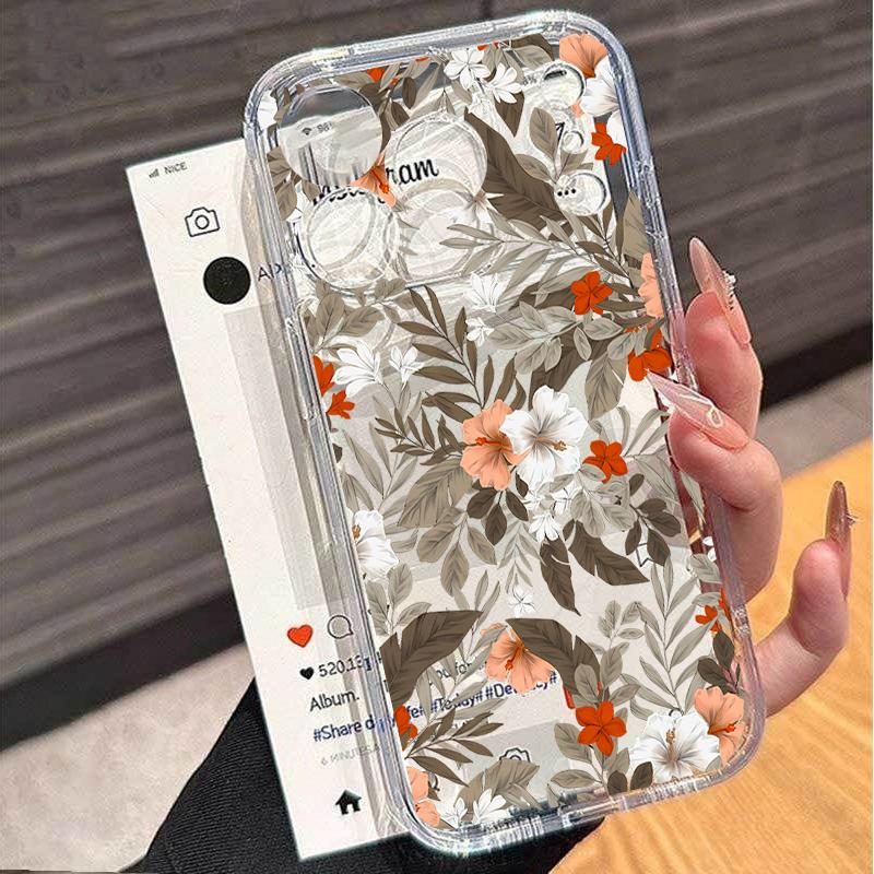 Case For iPhone 16 PRO Max 14 Plus 13 12 Mini 11 Pro Max 6E Flowers Pattern Simple Soft Silicone Transparent Cover