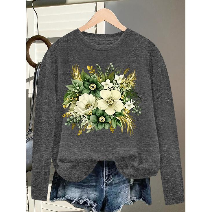 New spring, autumn, and winter women's long-sleeve clothing T Shirt Top Fresh white and green floral print, round neck, machine washable,