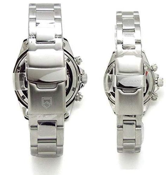 Pair of Don Clark and chronograph watches with black Roman numerals and ANNE CLARK natural shell made from stainless and come with a simple strap