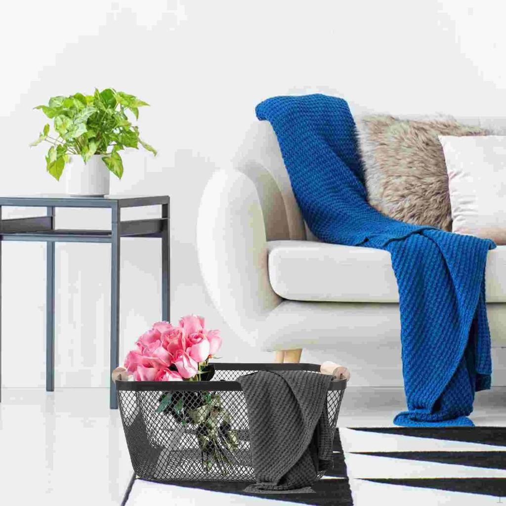 Металлическая сетчатая корзина для хранения с деревянной ручкой, контейнер, универсальный кухонный органайзер для спальни, ржавчина