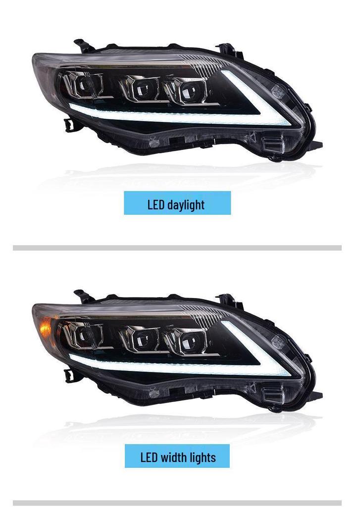 Светодиодные фары Toyota Corolla 2011-2013 с динамическими дневными ходовыми огнями и бегущими указателями поворота.