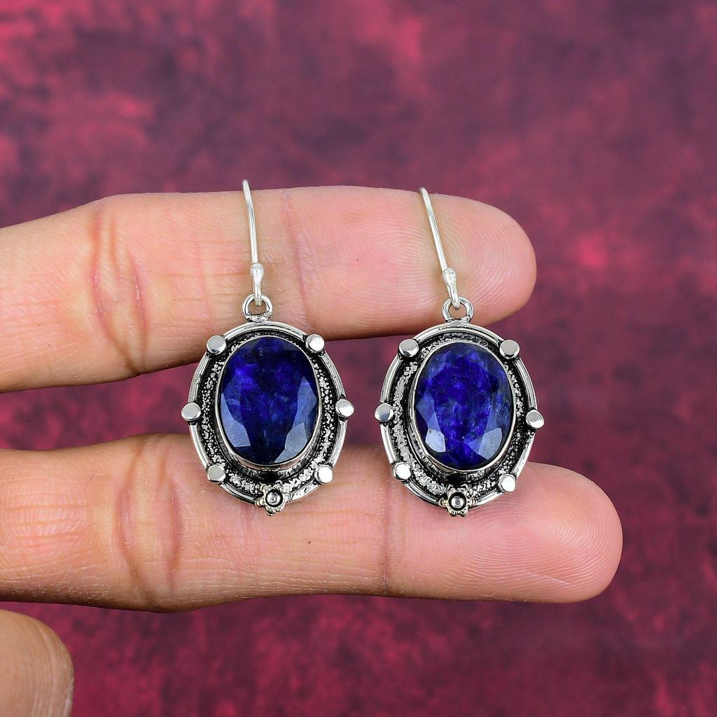 Blue Sapphire Earrings, Handmade Gemstone Earrings, 925 Solid Sterling Silver Earrings Antique Jewelry, For Engagement Gift