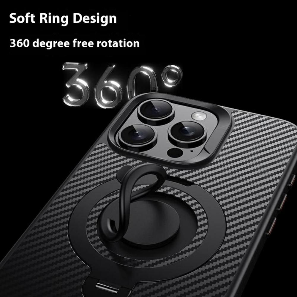 For iPhone 13 Pro Case Compatible with MagSafe Kickstand Carbon Fiber Texture PC+TPU Back Cover with Silicone Ring