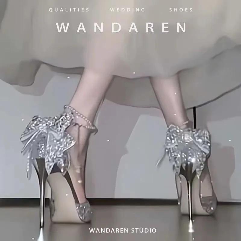 Новые французские элегантные женские туфли на высоком каблуке с острым носком и мелким ртом, с бантом и блестками, на тонком жемчужном каблуке, с одной туфлей