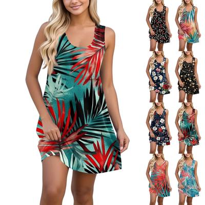 Женское повседневное гавайское праздничное платье с принтом и U-образным вырезом без рукавов, пляжное платье