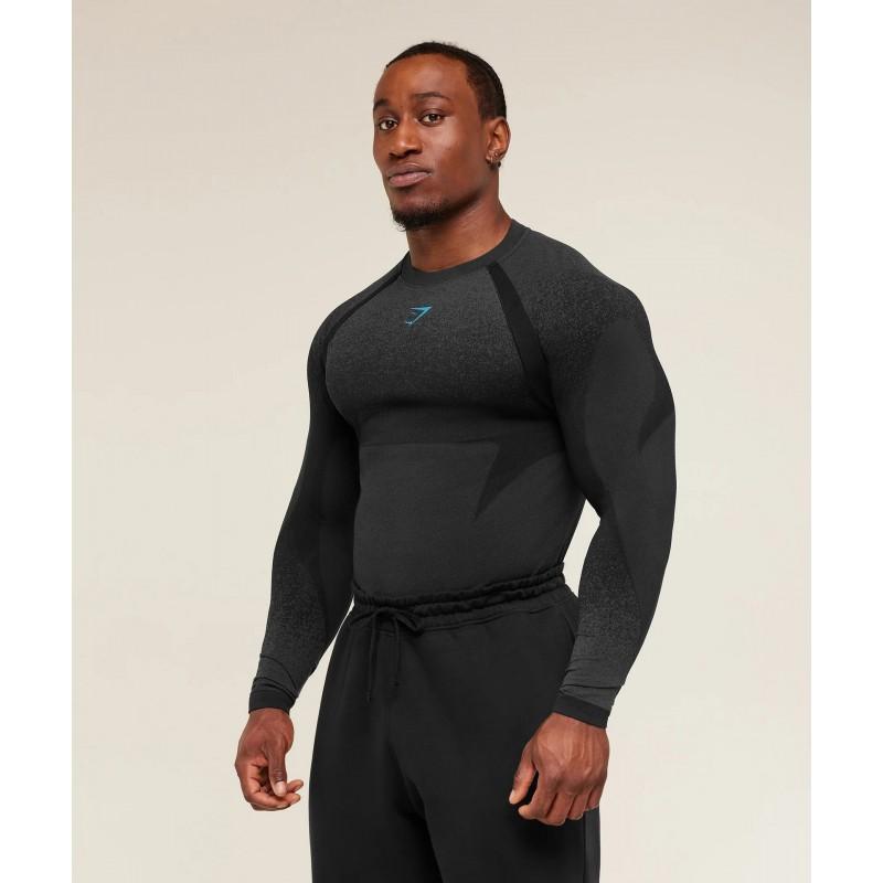 GYMSHARK Shark Print Long Sleeve Tight T-Shirt Men Sports Fitness Running