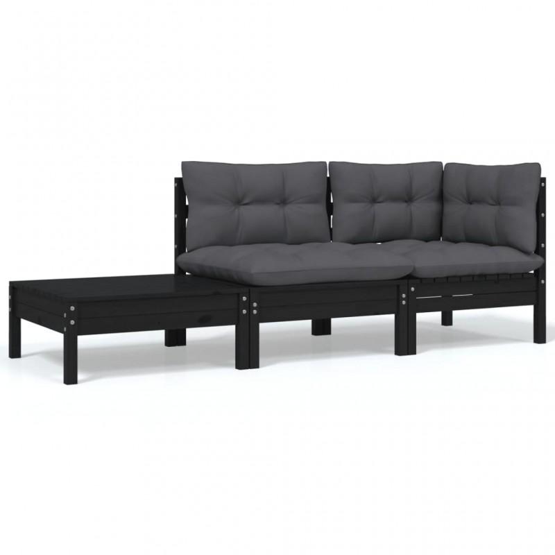 Día y Noche - Día y Noche Juego muebles jardín 3 pzas y cojines negro madera pino maciza