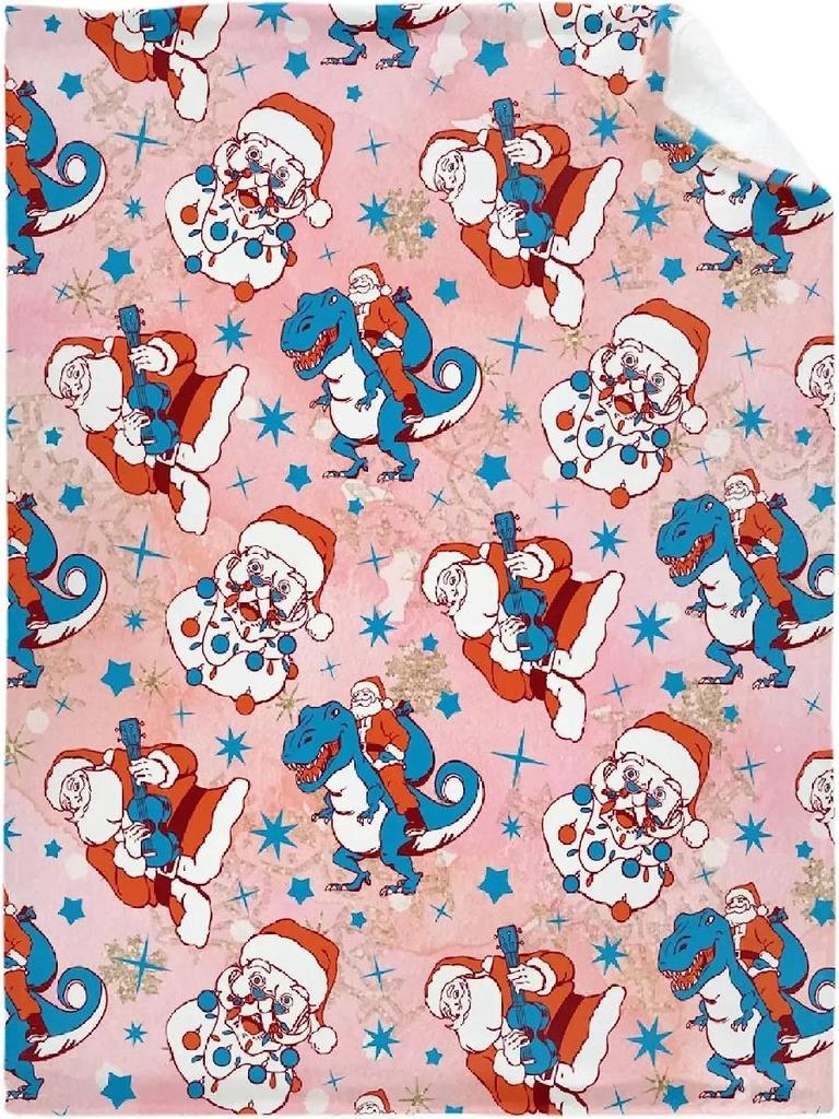 Funny Christmas Santa Claus Dinosaur Pink Blanket Print Soft Lightweight Warm Cozy Plush for Bedroom Bedding Couch