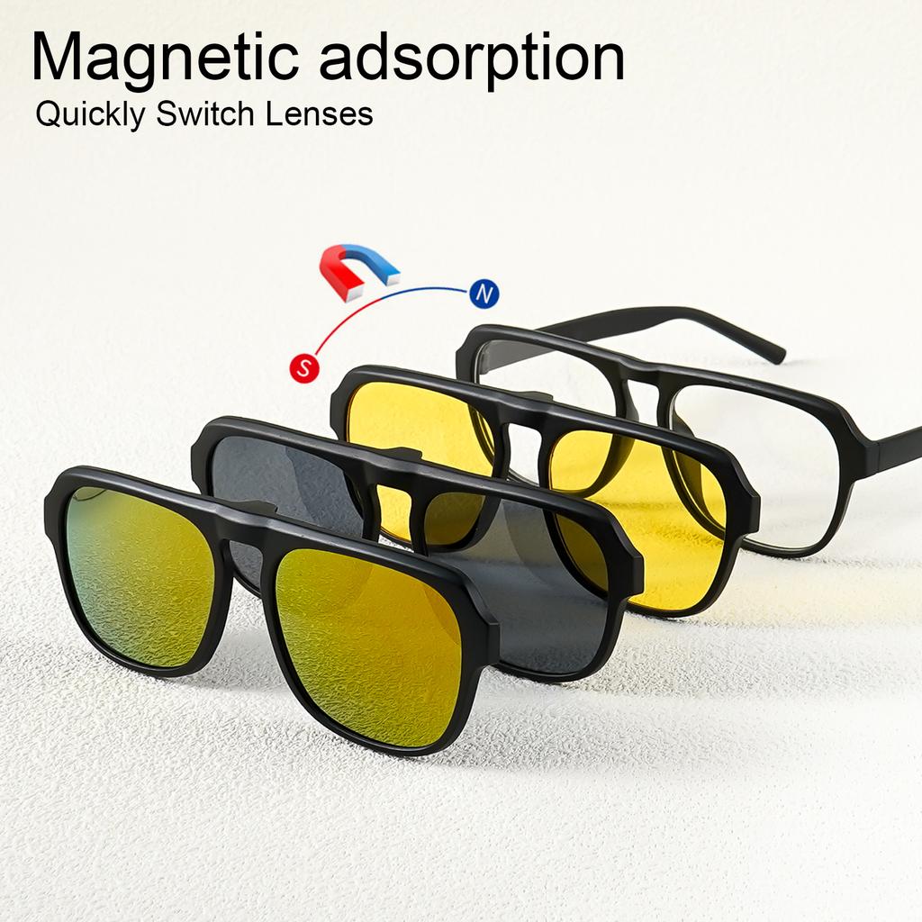 A New Set of Magnetic Clip-On Design Fashion Sunglasses, 1 Frame, and 3Interchangeable Lenses, Unisex New Circle Glasses Set
