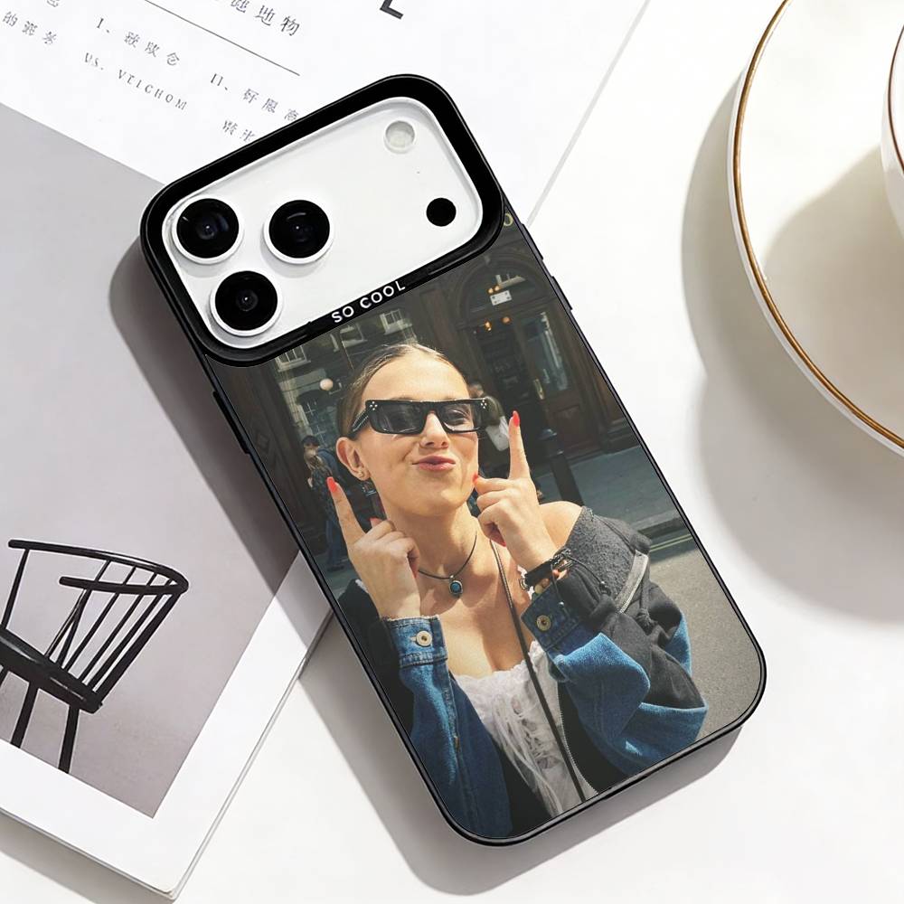 Luxury Brand Star Millie Bobby Phone Case For iPhone17,16,15,14,13,12,Pro Max Black Colored Silver Plated Inside Cover