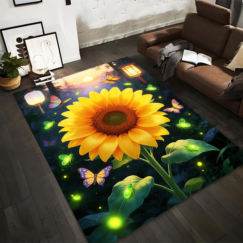 Sunflower Carpet with Butterflies and Fireflies, Glow Effect, Night Scene Suitable for use as an anti-slip for living room bedroom sofas