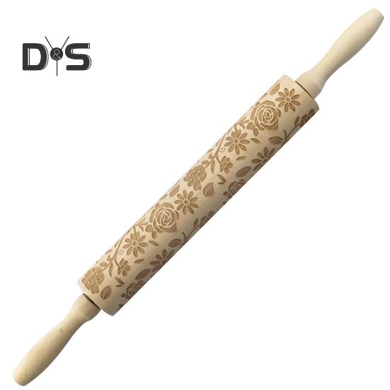 Rolling Pin Labor-saving Wood Flower Pattern Embossing Baking Roller