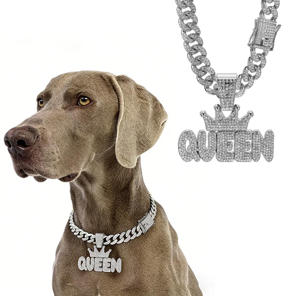 Ошейник для домашней собаки KING/QUEEN Хип-хоп Сплав Позолоченный Полностью Усыпанный Алмазами Полностью Усыпанный Алмазами Большая Золотая Цепь Кубинская для Маленьких Средних Больших Собак