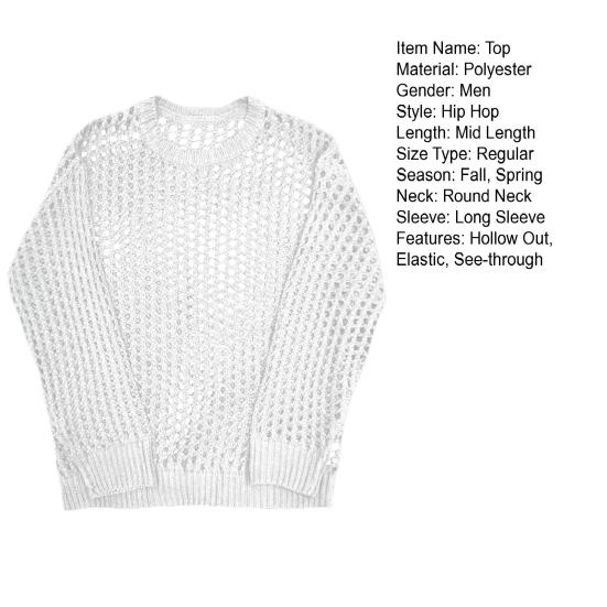 Мужской полый топ в сетку, однотонный, с круглым вырезом, свободный, с длинными рукавами, клубная одежда, прозрачный эластичный пуловер в стиле хип-хоп, вечерние топ