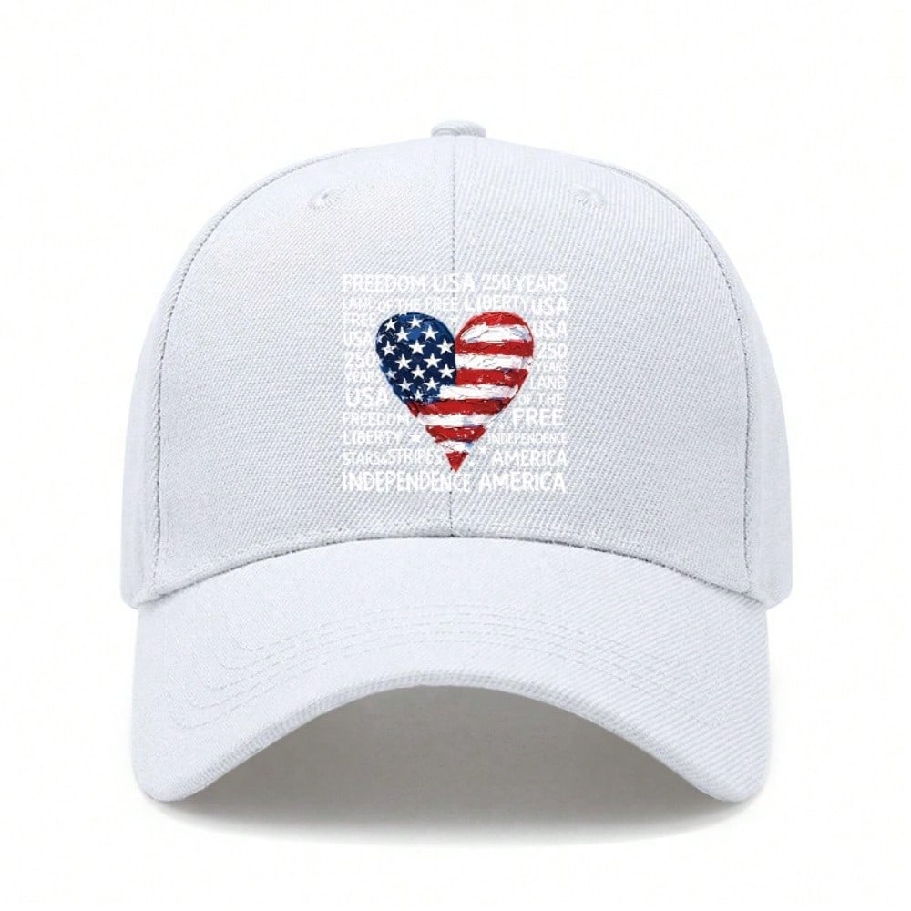 USA Baseball Hat - Vintage Heart Print Freedom USA 250 Years Land Of The Free Adjustable Polyester Lightweight Patriotic Holiday Baseball Cap For