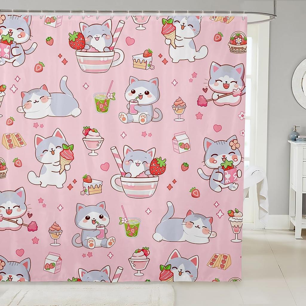 Кавайные Занавески для Душа с Кошками, Милые Животные Ванная Комната Занавеска для Девочек Мальчиков Подростков Взрослых Комнаты Декор, Розовый Бантик Сердце Водонепроницаемый
