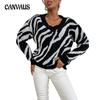 Autumn and Winter Women's Sweater Bottoming Pullover V-neck Black Zebra Print Sweater