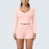 New contrasting colors, high elastic, low neck, long-sleeved shorts, yoga suit set, sports running, fitness yoga two-piece set