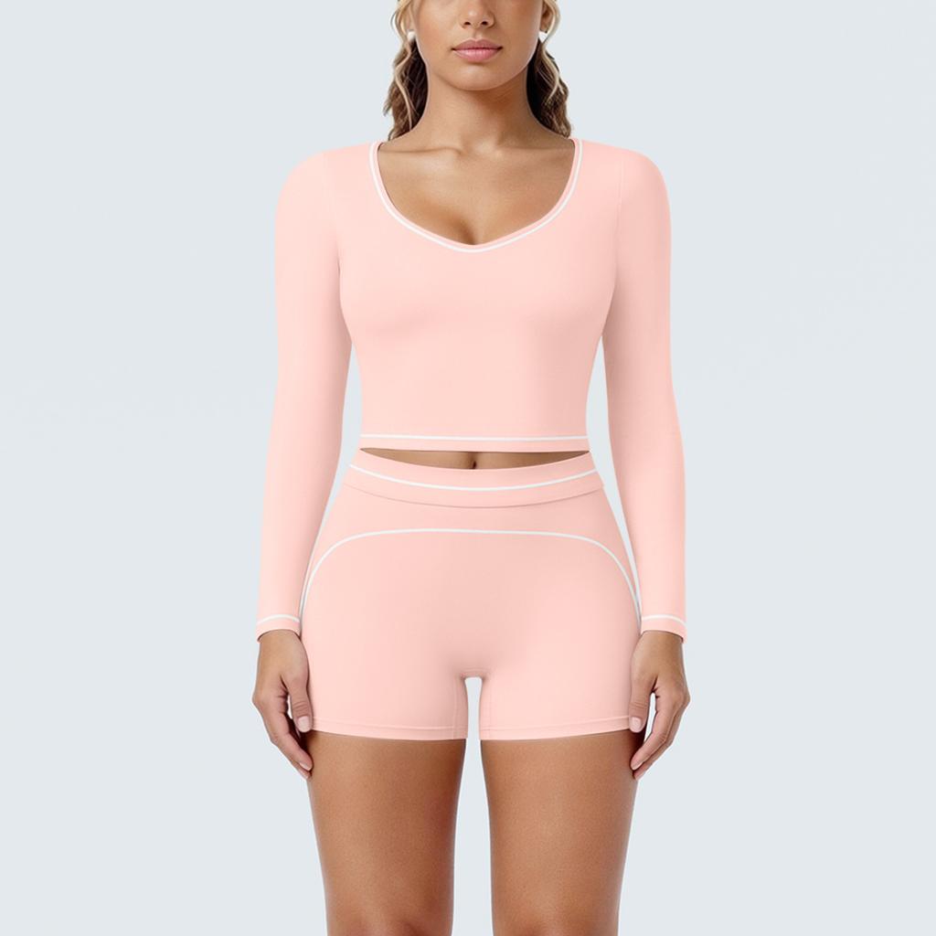 New contrasting colors, high elastic, low neck, long-sleeved shorts, yoga suit set, sports running, fitness yoga two-piece set