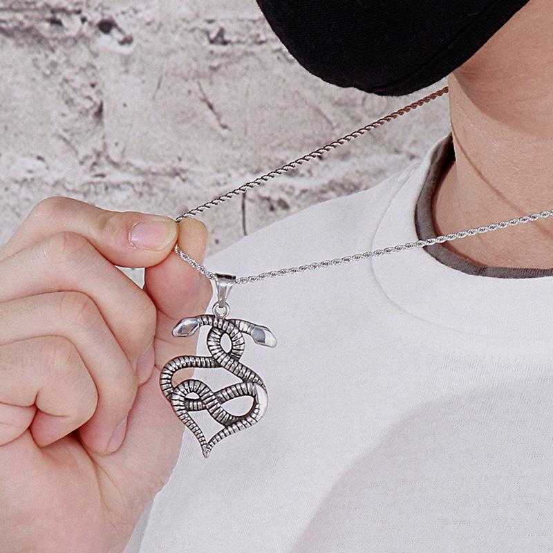 Ретро Винтаж Нержавеющая Сталь Двойная Змея Стиль Заявление Коктейльная Вечеринка Ожерелье с Подвеской для Мужчин с Длинной Витой Цепочкой 60 СМ